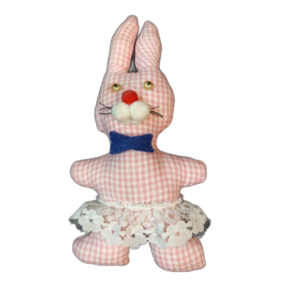Collins Industries, Inc Pink Cotton Stuffed Bunny Gingham Bow Tie Eyes Move 7"